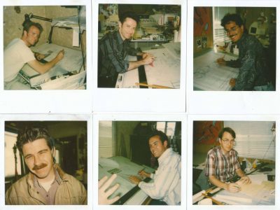polaroid photos of people sitting at drafting tables